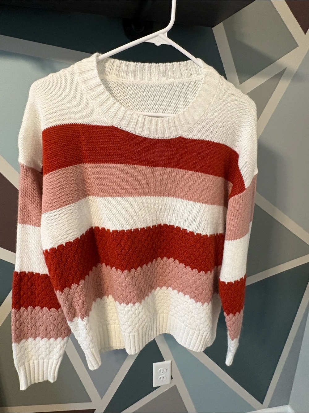 Striped Crewneck Sweater in White, Red & Pink
